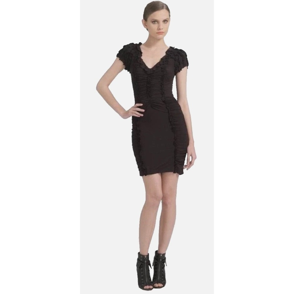 Leifsdottir Romantic Dark Goth Coquette Dress Medium Black Ruched Ruffle Stretch